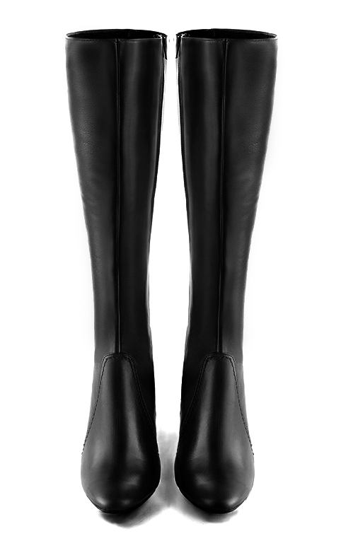 Satin black women's feminine knee-high boots. Round toe. High block heels. Made to measure. Top view - Florence KOOIJMAN